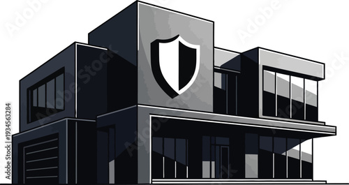 Modern office building with shield logo on facade