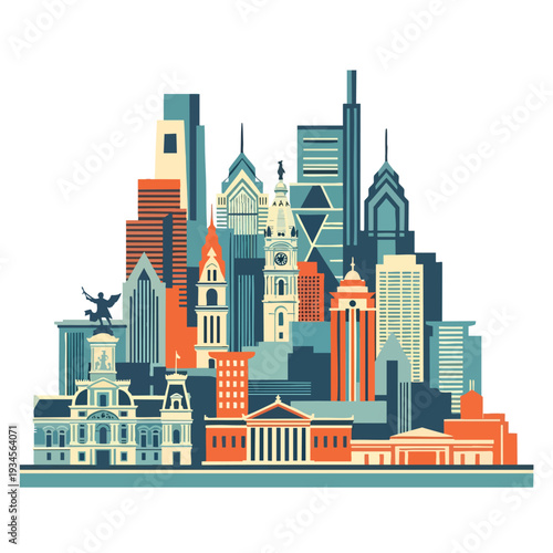 Vector illustration of the Philadelphia skyline with various buildings and skyscrapers in a colorful, graphic style. Perfect for travel brochures, city guides, and urban planning