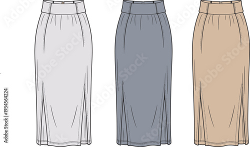 Pencil skirt, fashion sketch, CAD drawing, vector illustration, garment design, clothing template, stylish silhouette, front slit, flat sketch, apparel