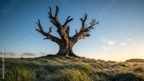 Weathered lone tree on a wind-swept hill under dramatic sky