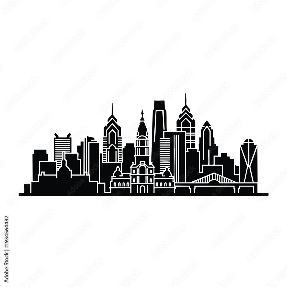 Fototapeta premium A black and white vector illustration of the Philadelphia skyline, showcasing various skyscrapers and buildings in a simple, graphic style. Perfect for graphic resources, presentations, and