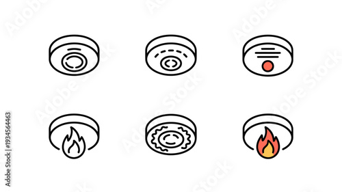Smoke detector icons with different alarm and fire symbols on white background
