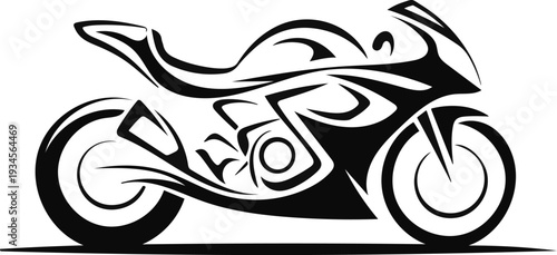 Stylized black silhouette of a sport motorcycle with tribal accents isolated on transparent background