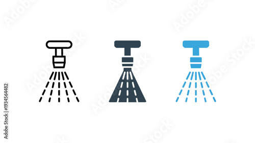 Three different colored shower head icons with water spray lines  simple design