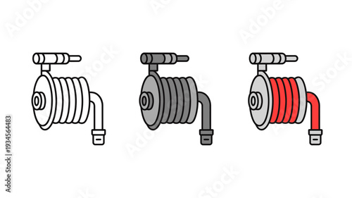 Three illustrations of coiled tube devices with handles and nozzles side by side