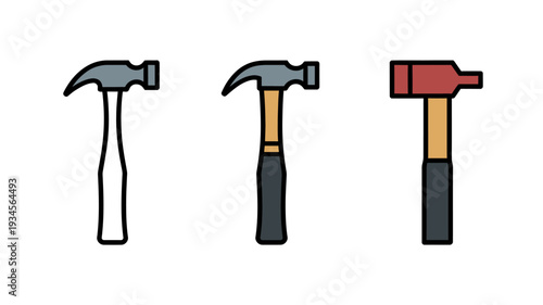Three cartoon hammers with different handles and heads in a row