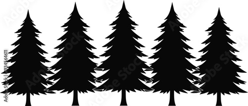 Pine tree silhouette collection, evergreen forest fir trees isolated on white background for nature landscape design illustration set