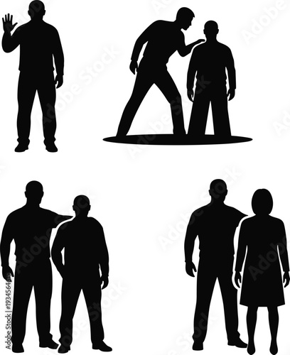 People interaction silhouettes, communication poses, argument and support gestures, teamwork concept, social relationship illustration, human connection, expressive body language