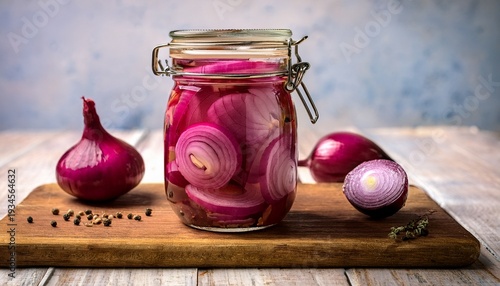 jar of vibrant pickled red onions on a wooden board
