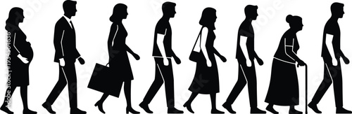 Silhouette illustration of human life stages, aging progression, diverse people, family, businessman, elderly, pregnant woman, shopping, lifestyle, demographics, vector art