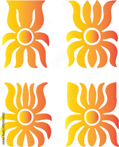 Bright set of yellow and orange vector sun icons featuring warm summer sunlight and heat designs for weather signs or nature illustrations