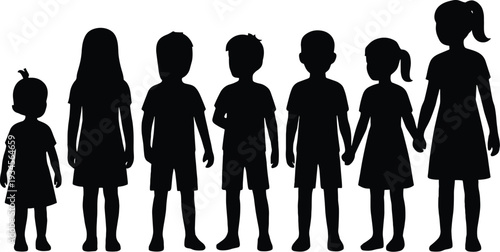 Silhouettes of children standing together, diverse ages, boys and girls, childhood development, growth stages, family unity, friendship, innocence, diversity, youth