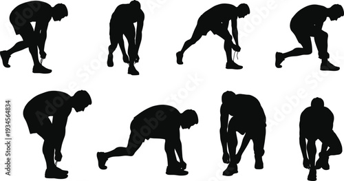 Person tying shoelaces silhouettes, footwear adjustment, shoe fastening, bending posture, daily routine, casual wear, step‑by‑step action, footwear care – flat vector illustration