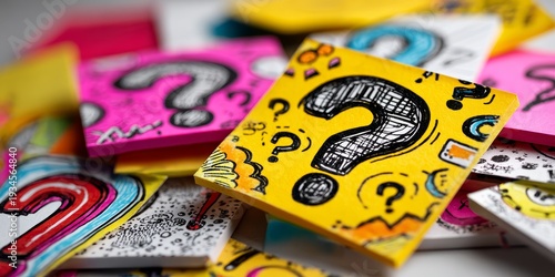 Vibrant sticky notes with diverse hand-drawn question marks symbolize brainstorming, creativity, problem-solving, and idea generation for business or educational concepts