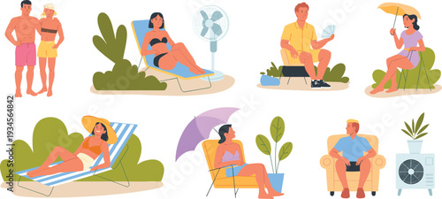 People staying cool, summer heat, beach, poolside, umbrella shade, fan, air conditioning, hot weather relief, vacation