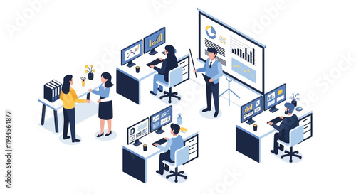 Isometric illustration of a modern office environment with collaborating professionals