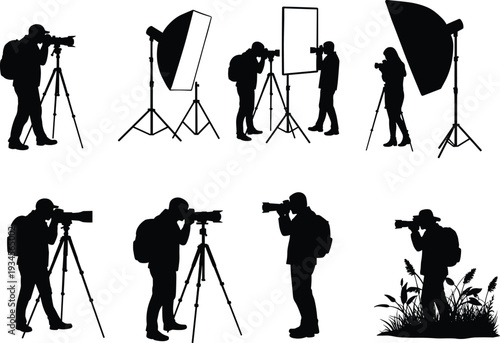 Photographer silhouettes, tripod camera setup, outdoor and studio photography, backpack gear, lighting equipment, professional photo shoot, creative lifestyle, nature and studio scene