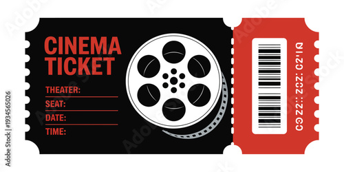 Cinema Ticket with Film Reel and Barcode Isolated on White Background Featuring Classic Movie Entertainment Admission Design Illustration