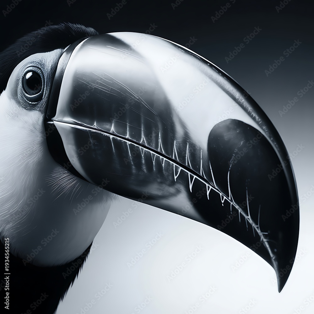 Fototapeta premium Closeup of a toucans head and large beak in profile view black and white