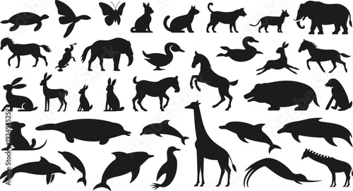 Animal silhouette collection with wild domestic birds marine animals isolated on white background wildlife nature illustration set