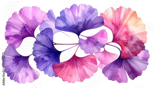 A vibrant watercolor illustration of ginkgo leaves in a gradient of purples, pinks, and oranges, against a white background