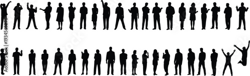 Business people silhouettes collection, professional men and women standing poses, corporate teamwork concept, isolated black human figures on white background