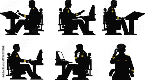 Pilot silhouette, aviation professional, control room operator, seated worker, headset communication, cockpit control, office workstation, aviation command, uniformed staff, supervision