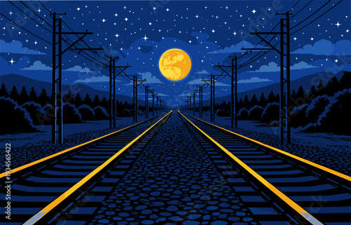 Railway Tracks at Night. Railway tracks under moonlight night sky.
