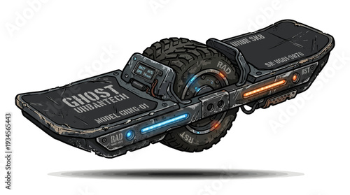 Futuristic electric unicycle with glowing lights and rugged tire