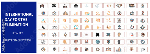 International day for elimination violence against women icon set. flat vector icons for abuse, stop, power, help, justice, rights, equality, protection