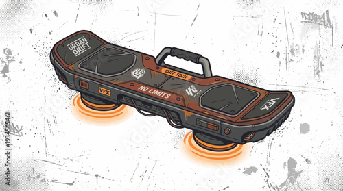 Futuristic hoverboard with glowing orange thrusters, urban art style