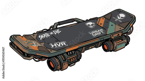 Futuristic skateboard with skull decals and industrial design