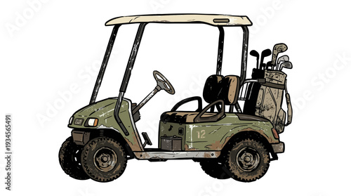 Golf Cart with Clubs on White Background