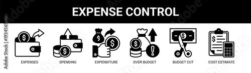 Expense Control web banner icon vector illustration concept with icons of expenses, spending, expenditure, over budget, budget cut, and cost estimate.