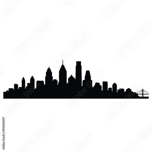A black silhouette of the Philadelphia skyline with various skyscrapers and buildings against a white background. Perfect for graphic resources, presentations, and travel materials.