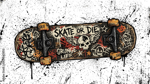 Grunge Skateboard with Skull and Wings Art
