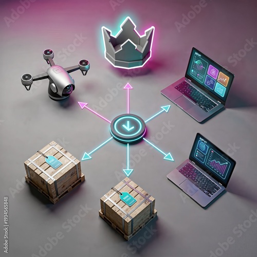 Logistics drone projecting holographic UI in orthographic studio lighting