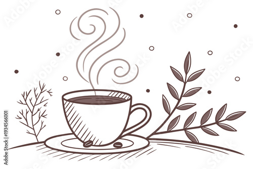 A brown line drawing of a cup of coffee on a saucer