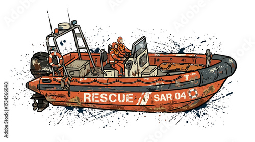 Rescue boat with crew, SAR mission vessel, orange rigid inflatable boat