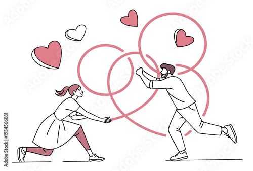 A couple pulling on a rope with hearts floating in the air