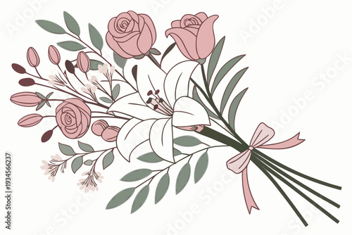 A bouquet of pink roses and white flowers with green leaves