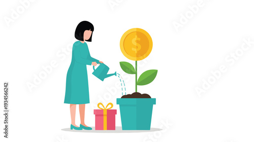 Woman watering money plant with dollar coin flower in pot for financial growth and investment savings concept vector