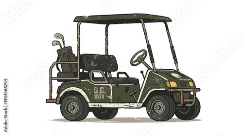 Vintage golf cart with clubs, illustration