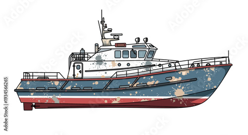 Vintage patrol boat, weathered and distressed, isolated on white