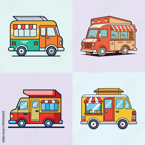 Colorful food trucks vector illustration, flat design, food truck icons set