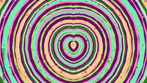 Retro Pixelated Heart Shape Concentric Circles Animated Background Purple Green Mint Orange