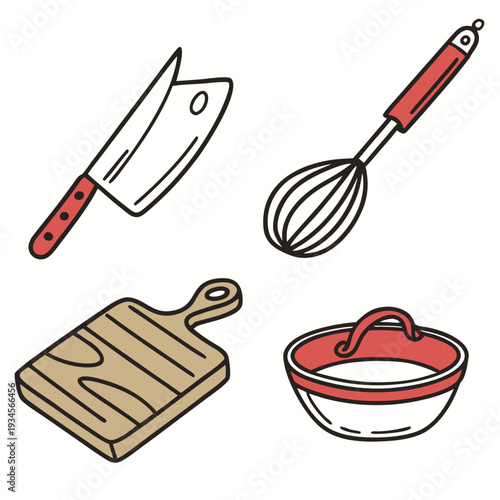 Kitchen tools collection with cleaver whisk cutting board and bowl for baking and food preparation isolated on white background in flat doodle style
