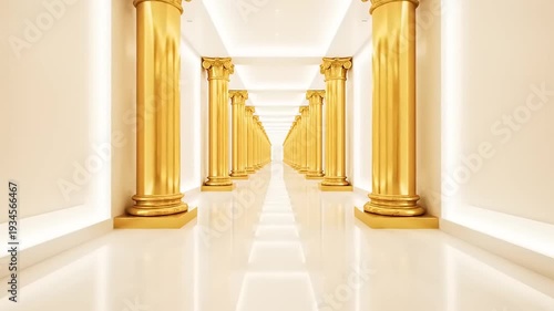 Luxurious Hallway with Golden Columns and Shiny Floor.