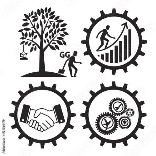 A set of four icons representing business and growth