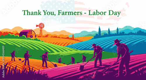 Farmers working on colorful fields with barn and windmill on labor day